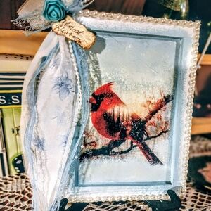 Decorative Cardinal Picture Frame with Blue Accents